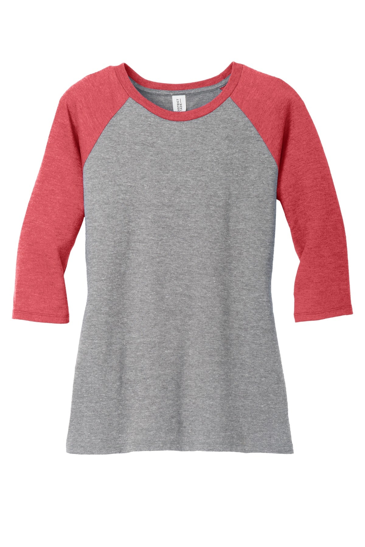 Front View of Red Fr/Grey Fr District Women's Perfect Tri 3/4-Sleeve Raglan. DM136L