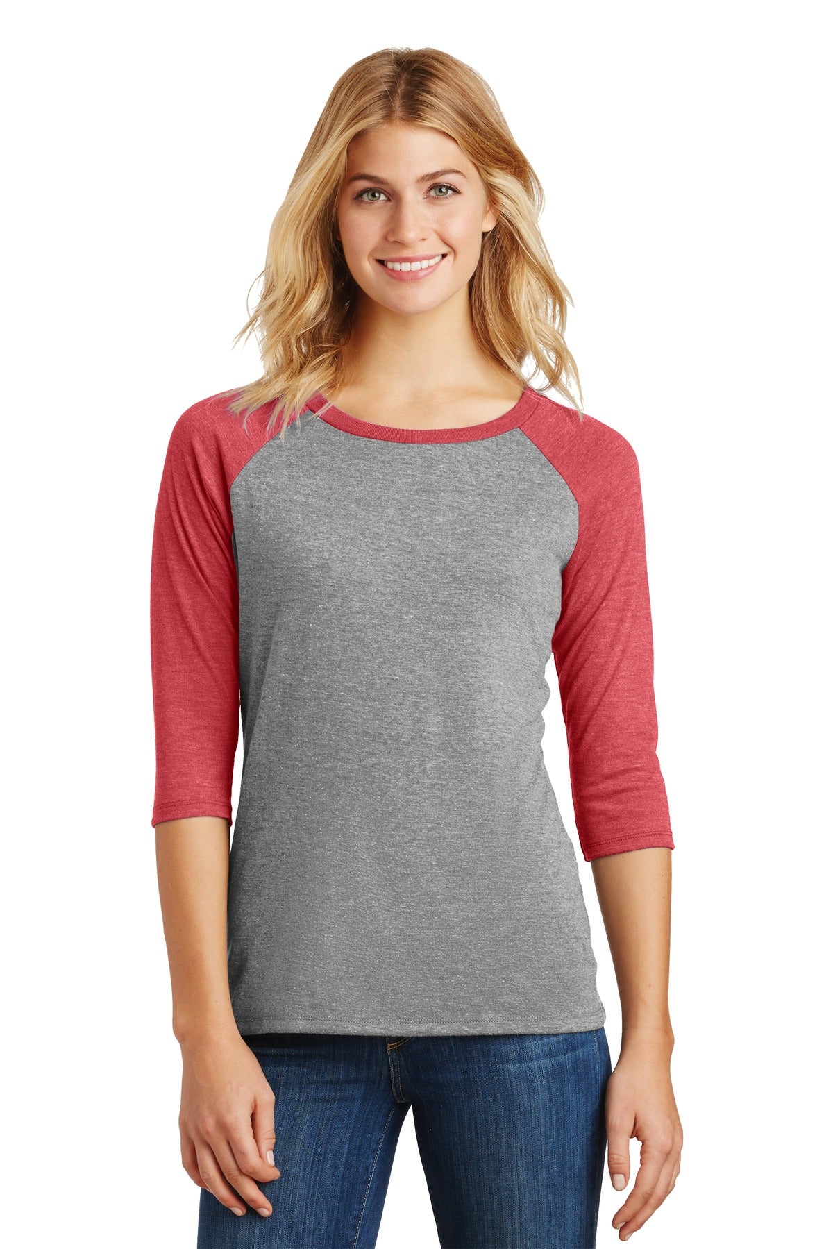Front View of Red Fr/Grey Fr District Women's Perfect Tri 3/4-Sleeve Raglan. DM136L