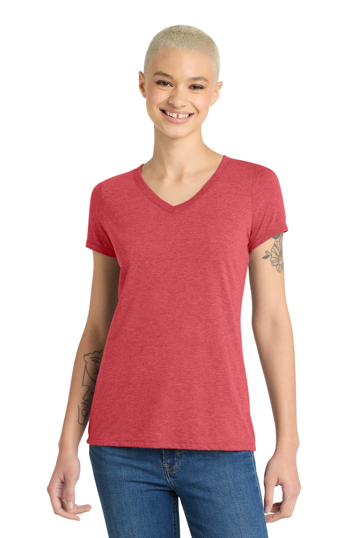 Front View of Red Frost District Women's Perfect Tri V-Neck Tee. DM1350L