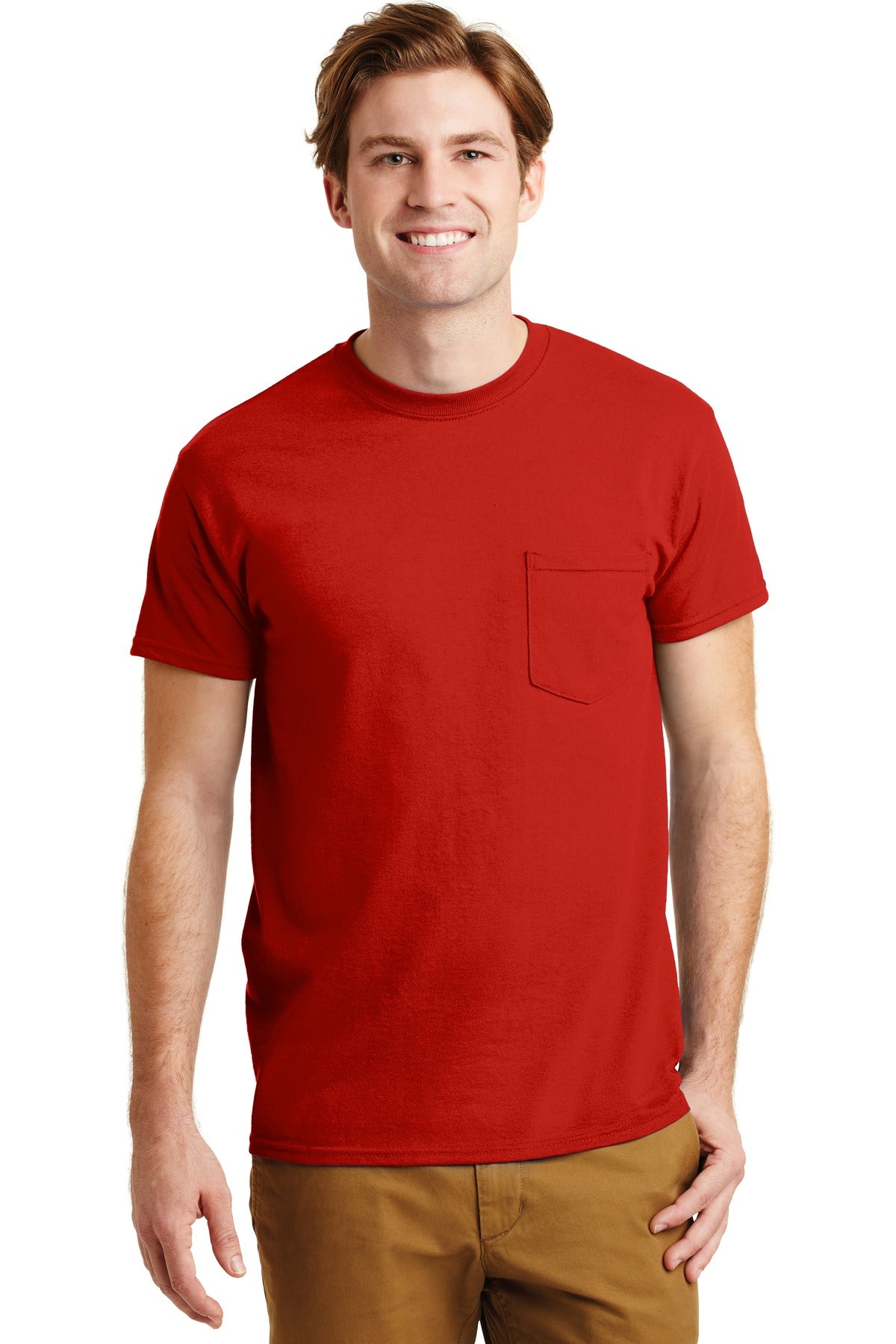 Front View of Red Gildan - DryBlend 50 Cotton/50 Poly Pocket T-Shirt. 8300