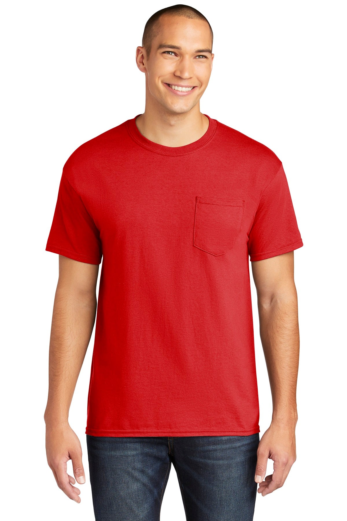 Front View of Red Gildan Heavy Cotton 100% Cotton Pocket T-Shirt. 5300