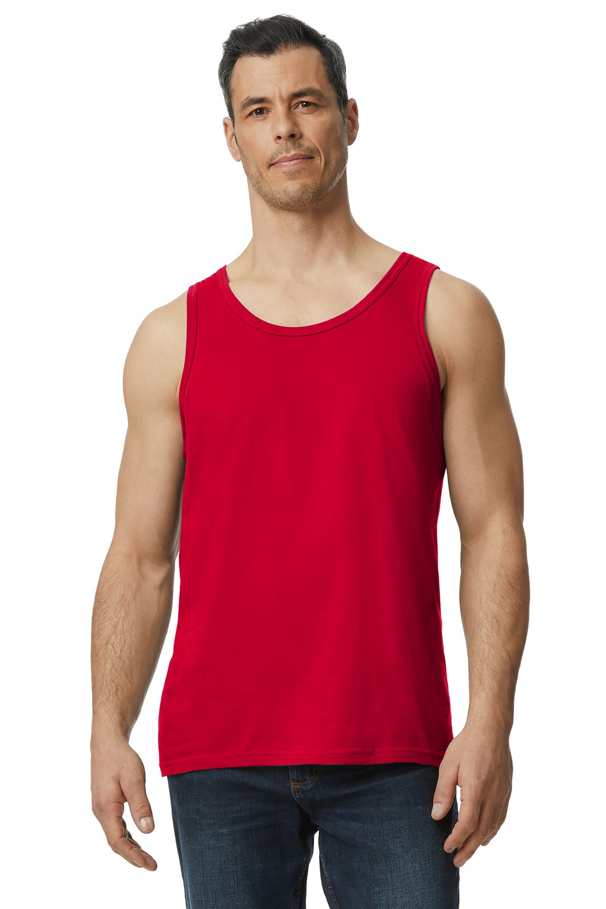 Front View of Red Gildan Softstyle Tank Top 64200