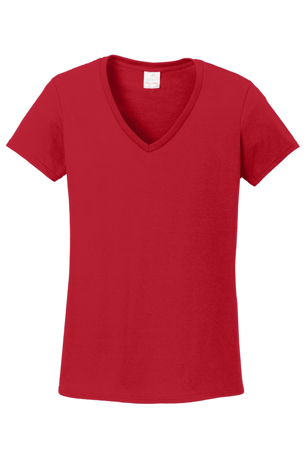 Front View of Red Gildan Women's Heavy Cotton 100% Cotton V-Neck T-Shirt. 5V00L