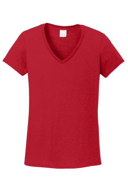 Front View of Red Gildan Women's Heavy Cotton 100% Cotton V-Neck T-Shirt. 5V00L