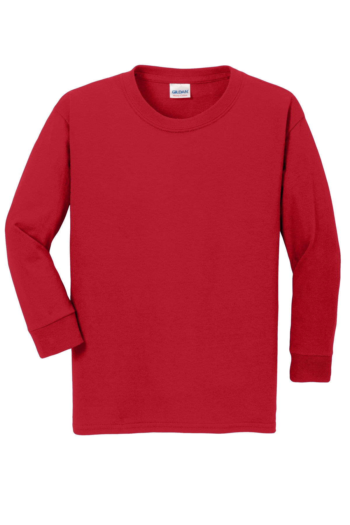 Front View of Red Gildan Youth Heavy Cotton 100% Cotton Long Sleeve T-Shirt. 5400B