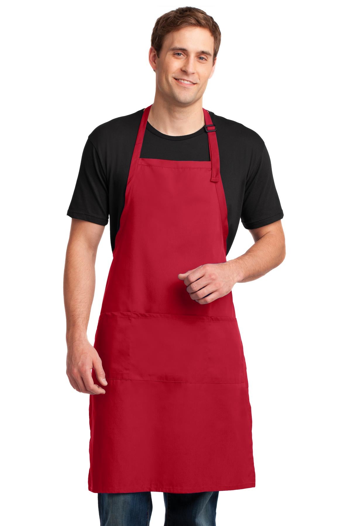 Front View of Red Port Authority Easy Care Extra Long Bib Apron with Stain Release. A700