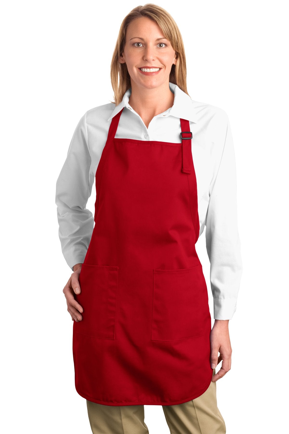 Front View of Red Port Authority Full-Length Apron with Pockets. A500