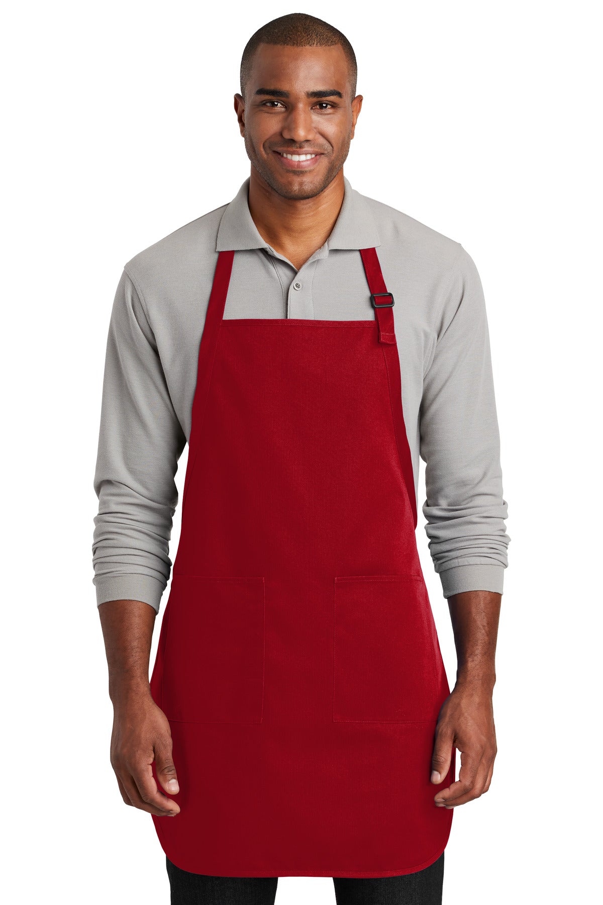 Front View of Red Port Authority Full-Length Two-Pocket Bib Apron. A600