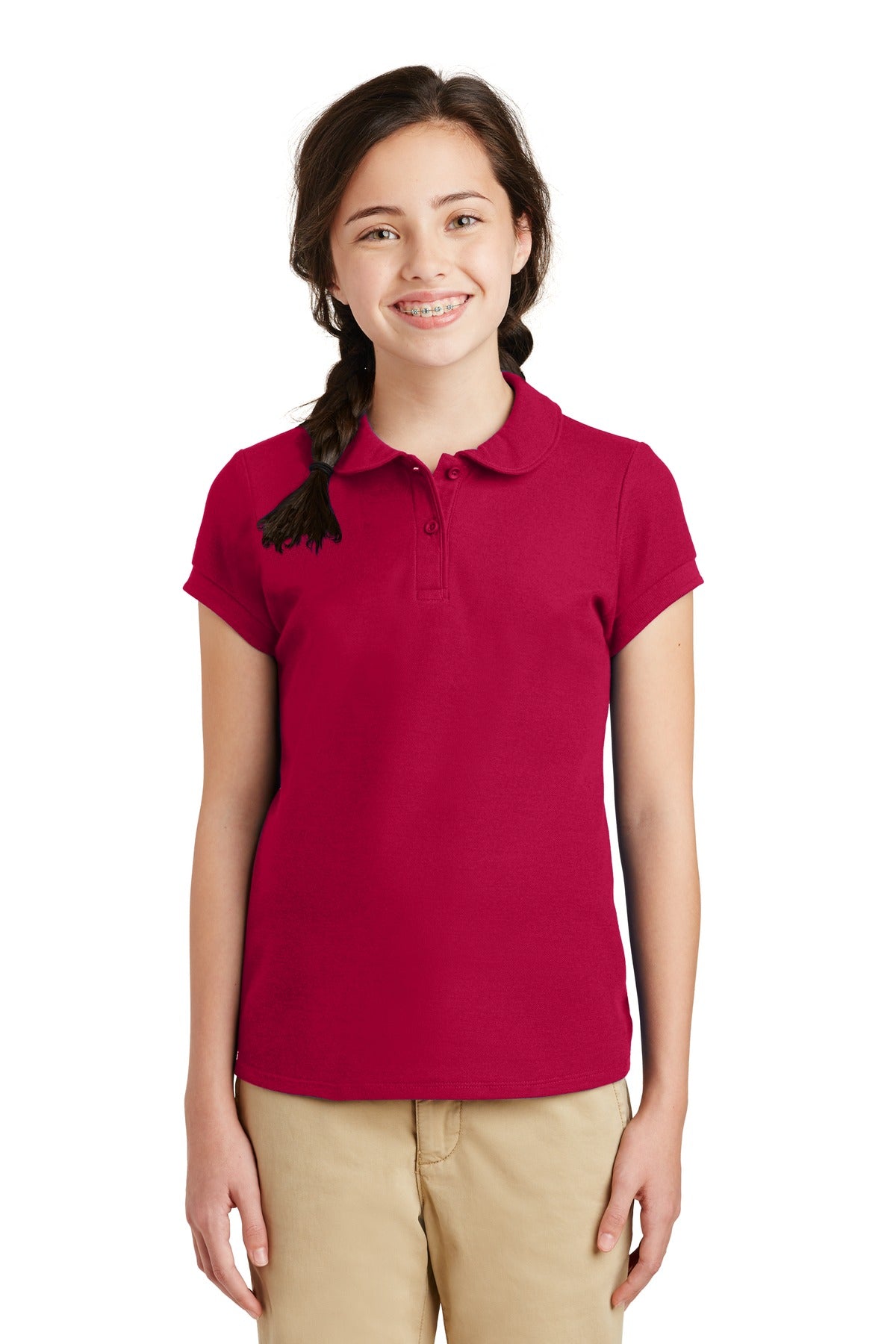 Front View of Red Port Authority Girls Silk Touch Peter Pan Collar Polo. YG503