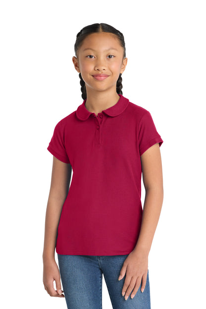 Front View of Red Port Authority Girls Silk Touch Peter Pan Collar Polo. YG503