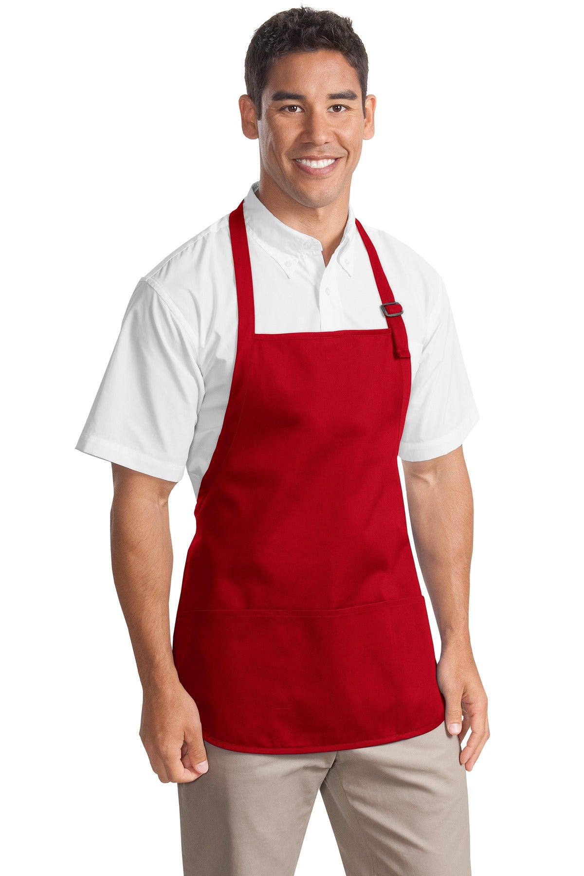 Front View of Red Port Authority Medium-Length Apron with Pouch Pockets. A510