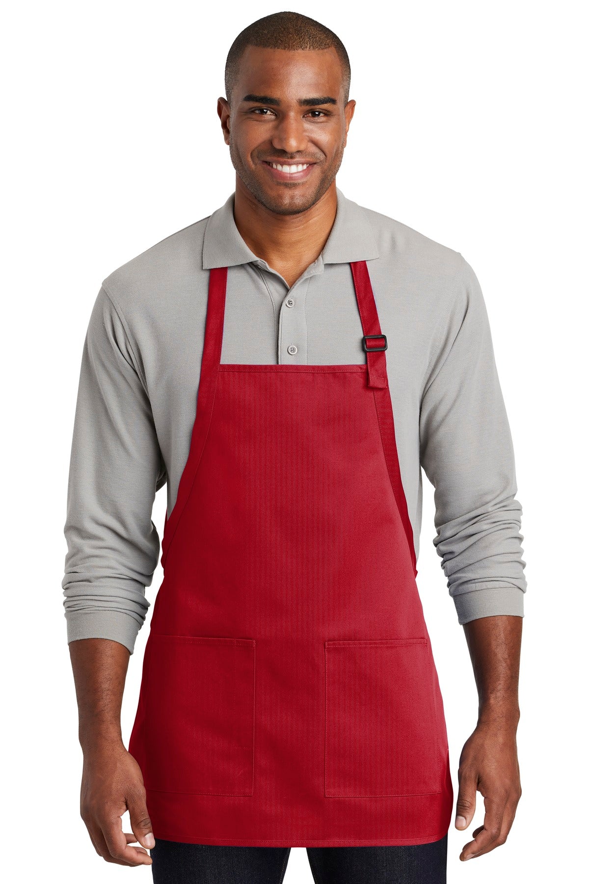 Front View of Red Port Authority Medium-Length Two-Pocket Bib Apron. A601