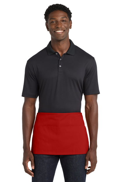 Front View of Red Port Authority Waist Apron with Pockets. A515