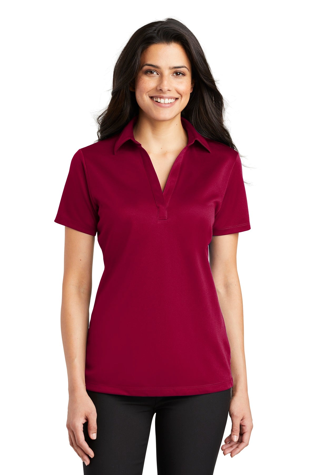 Front View of Red Port Authority Women's Silk Touch Performance Polo. L540