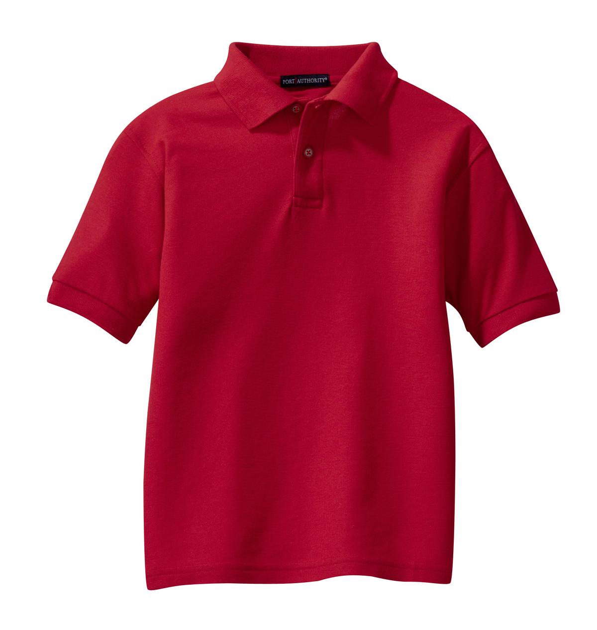 Front View of Red Port Authority Youth Silk Touch Polo. Y500