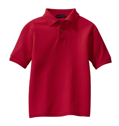 Front View of Red Port Authority Youth Silk Touch Polo. Y500