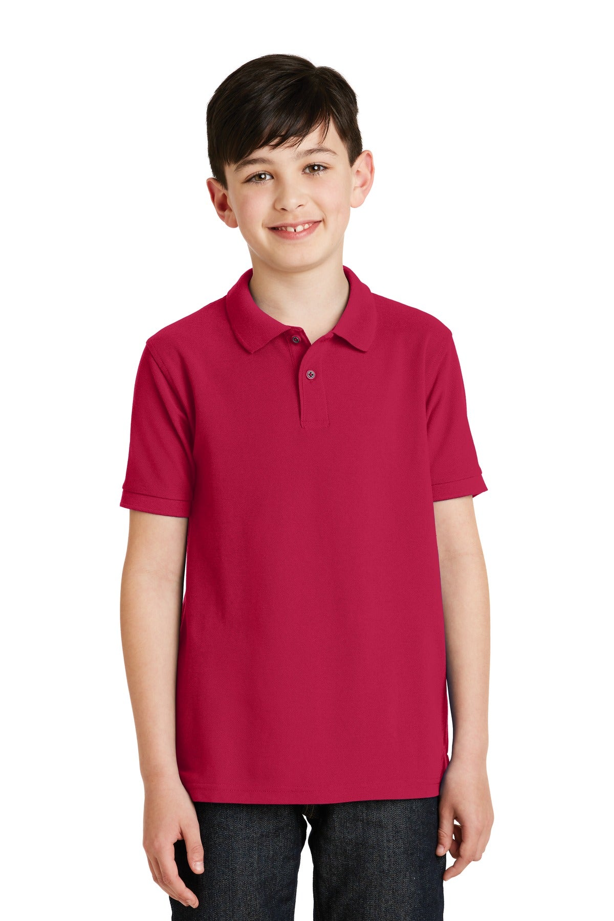 Front View of Red Port Authority Youth Silk Touch Polo. Y500