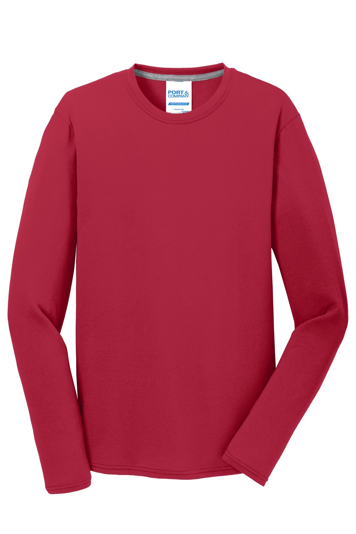 Front View of Red Port & Company Long Sleeve Performance Blend Tee. PC381LS