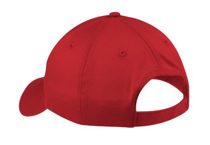 Front View of RED Port & Company Six-Panel Twill Cap. CP80