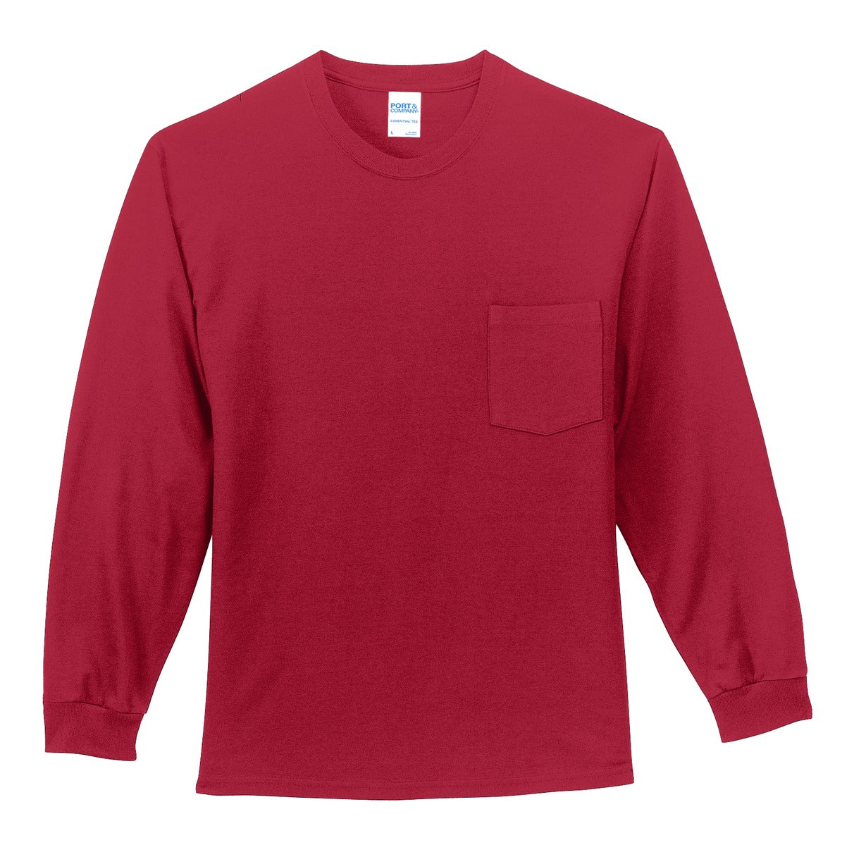 Front View of Red Port & Company Tall Long Sleeve Essential Pocket Tee. PC61LSPT