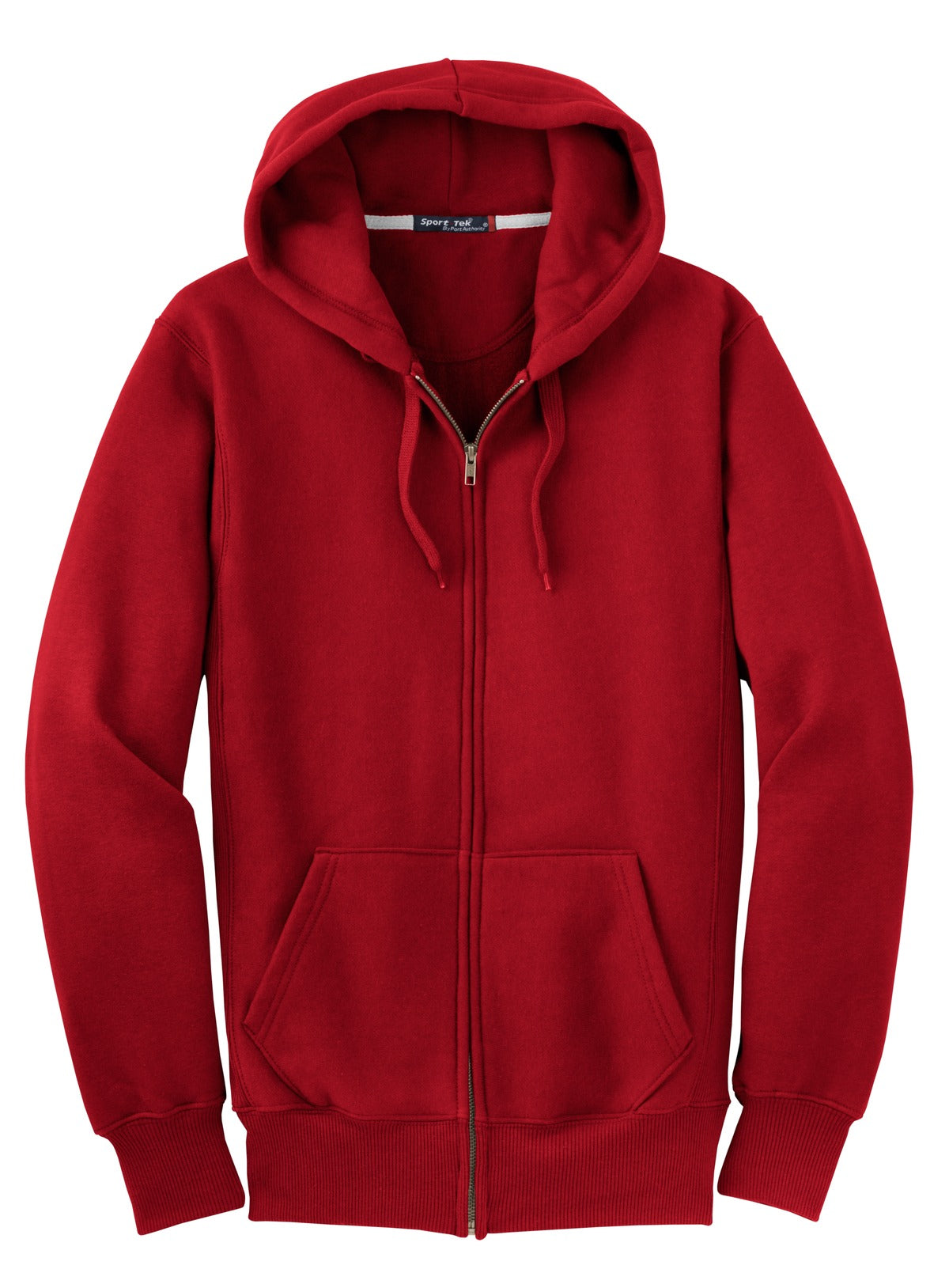 Front View of Red Sport-Tek Super Heavyweight Full-Zip Hooded Sweatshirt. F282