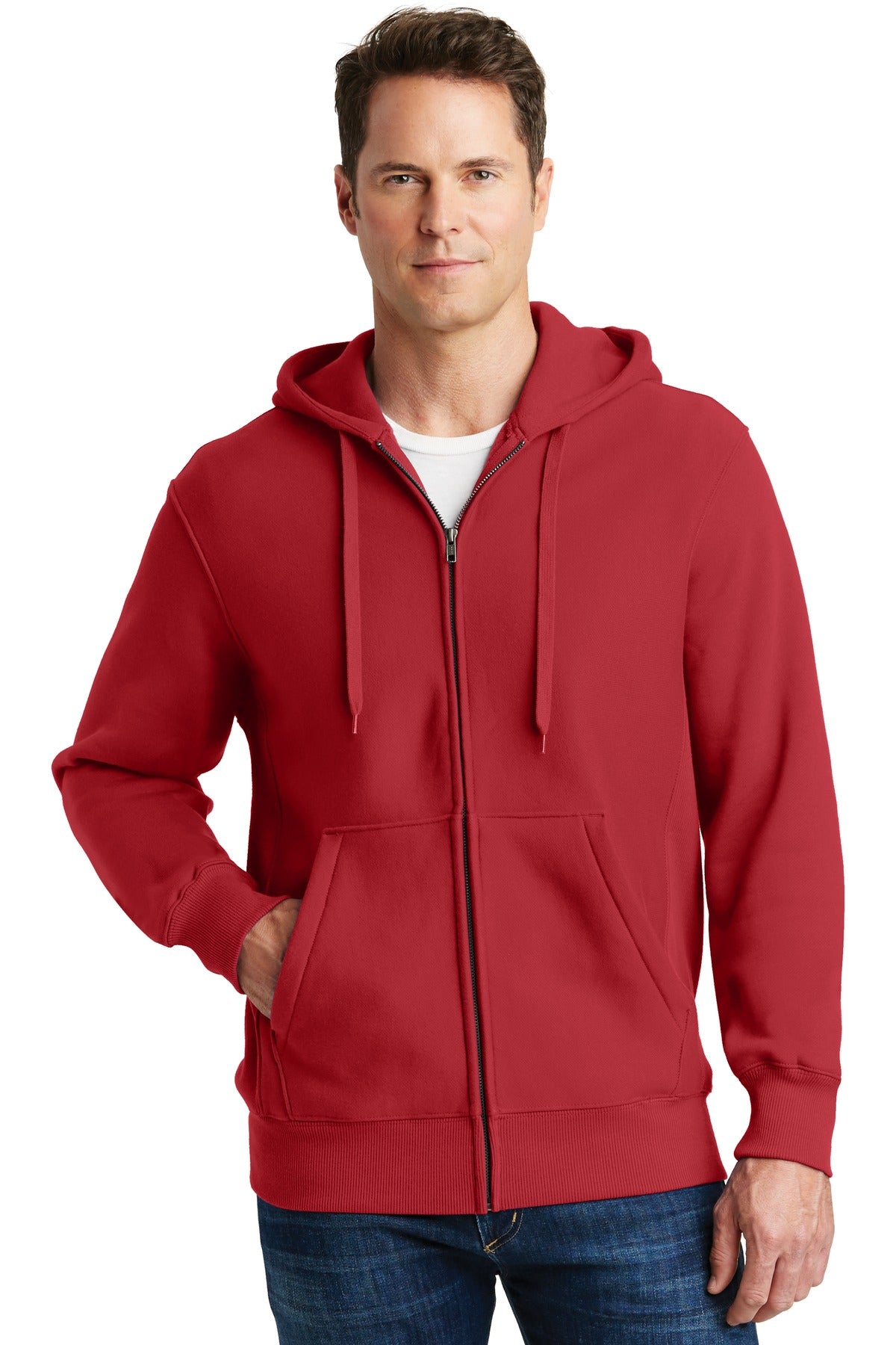Front View of Red Sport-Tek Super Heavyweight Full-Zip Hooded Sweatshirt. F282