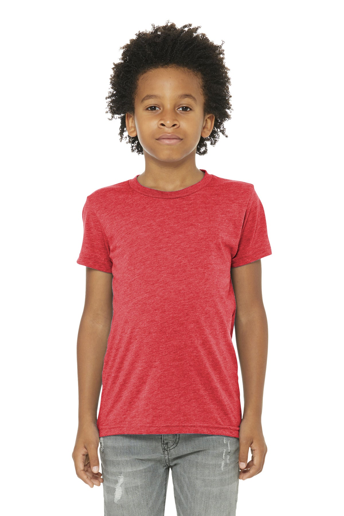Front View of Red TB BELLA+CANVAS Youth Triblend Short Sleeve Tee. BC3413Y