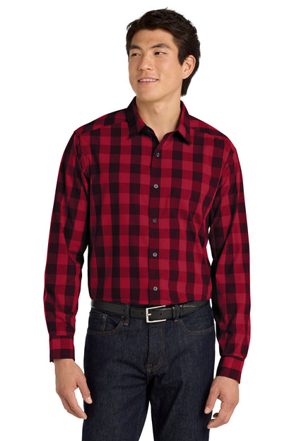 Front View of Rich Red Port Authority Everyday Plaid Shirt. W670
