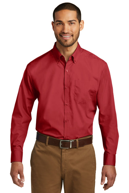 Front View of Rich Red Port Authority Long Sleeve Carefree Poplin Shirt. W100