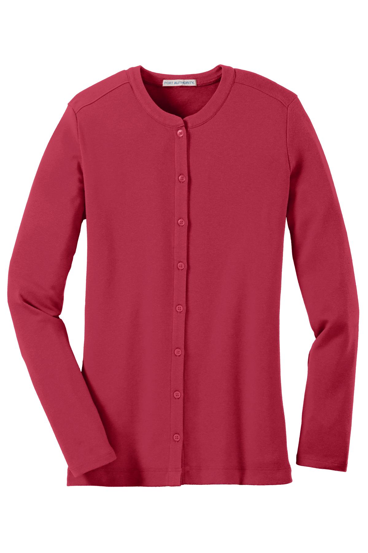 Front View of Rich Red Port Authority Women's Concept Stretch Button-Front Cardigan. LM1008