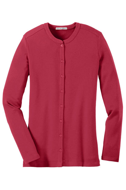 Front View of Rich Red Port Authority Women's Concept Stretch Button-Front Cardigan. LM1008