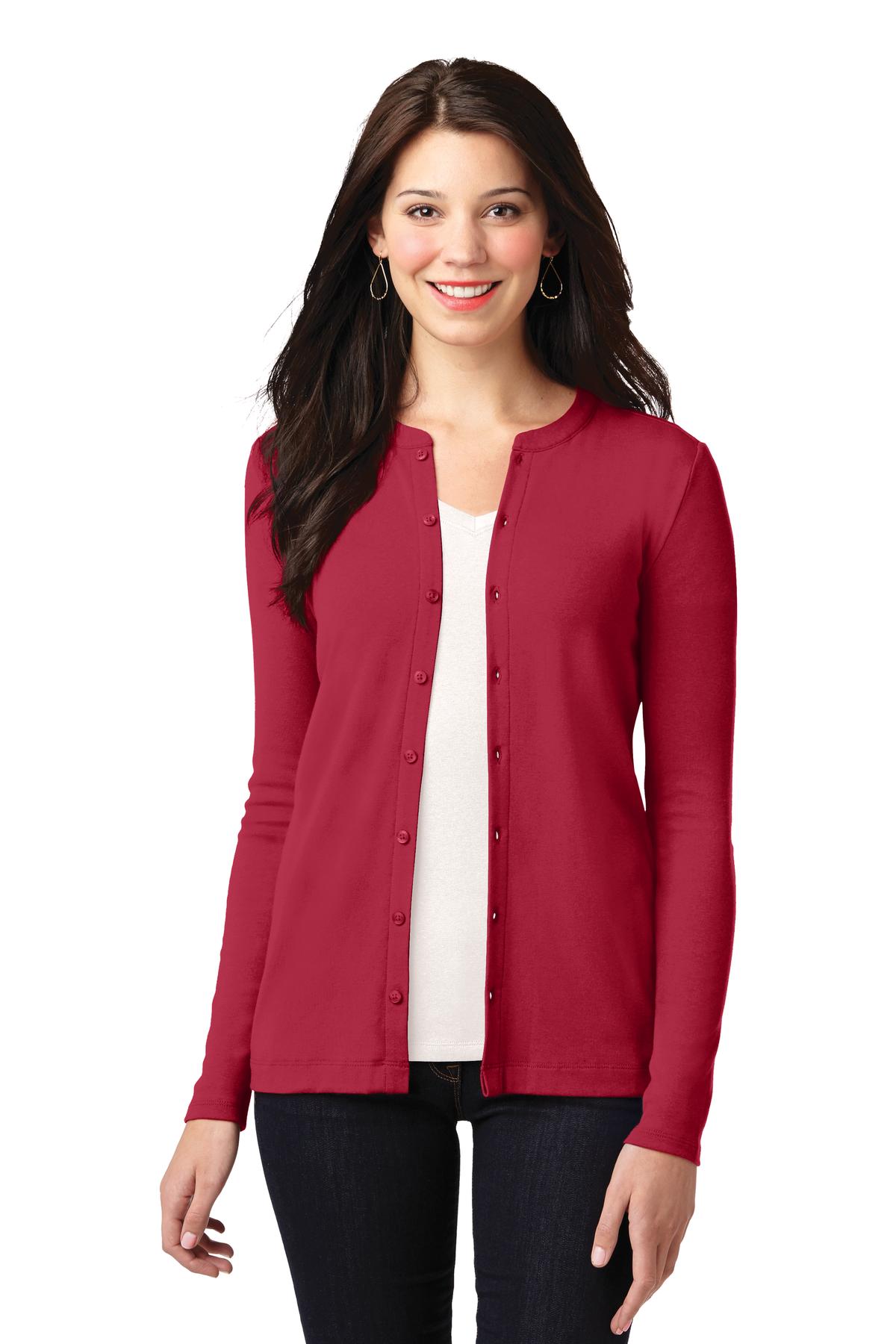 Front View of Rich Red Port Authority Women's Concept Stretch Button-Front Cardigan. LM1008