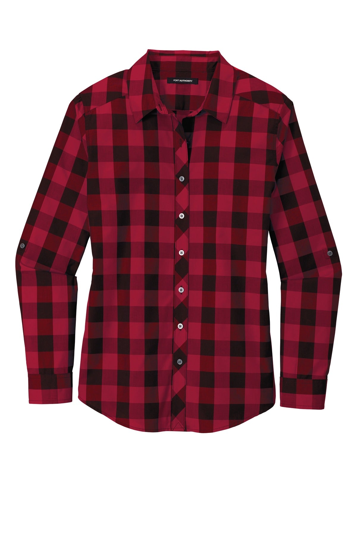 Front View of Rich Red Port Authority Women's Everyday Plaid Shirt. LW670