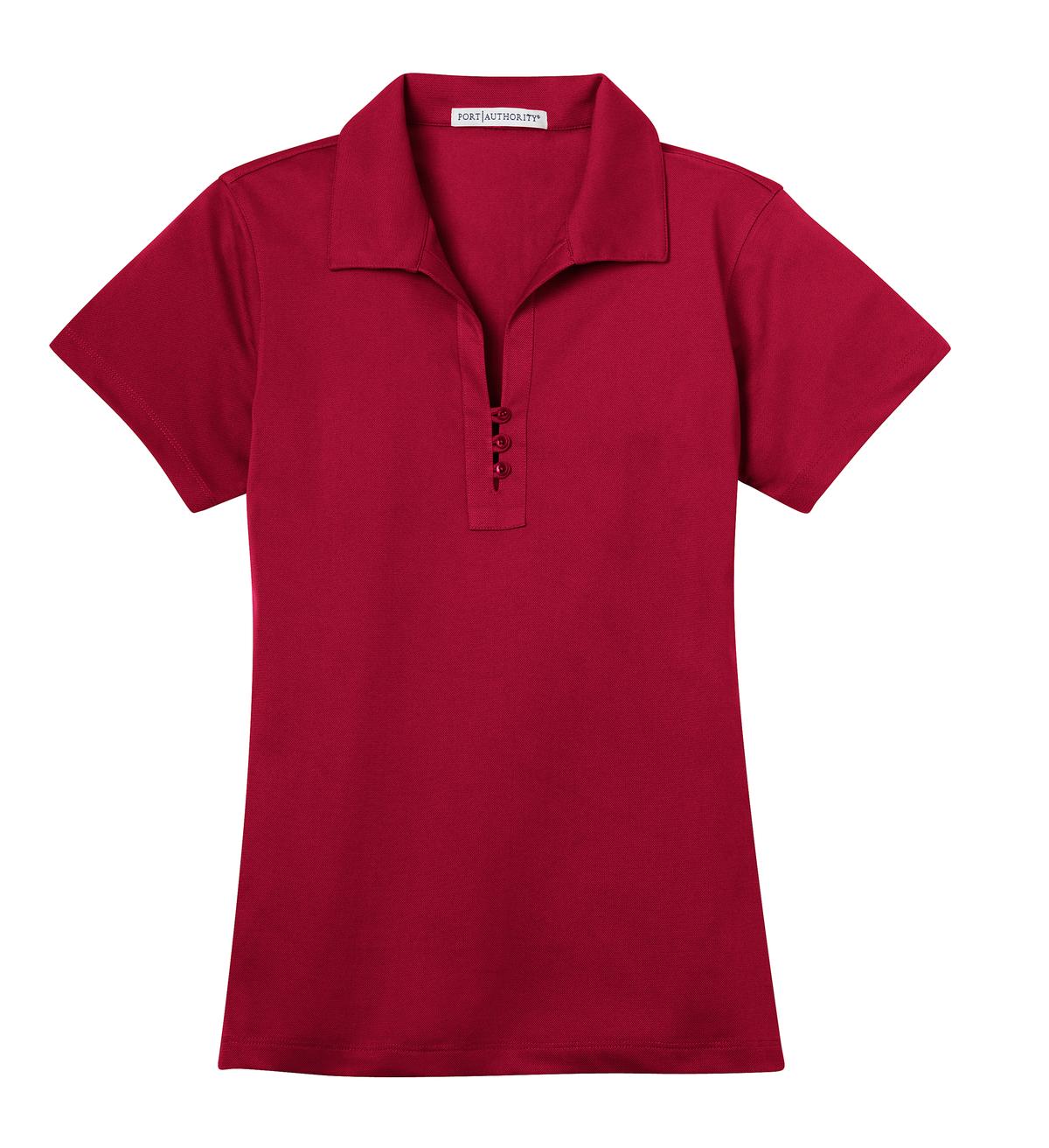 Front View of Rich Red Port Authority Women's Tech Pique Polo. L527