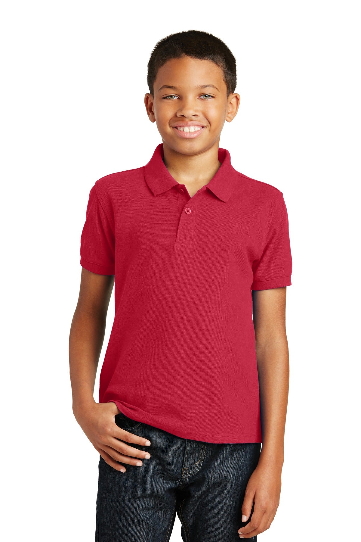 Front View of Rich Red Port Authority Youth Core Classic Pique Polo. Y100