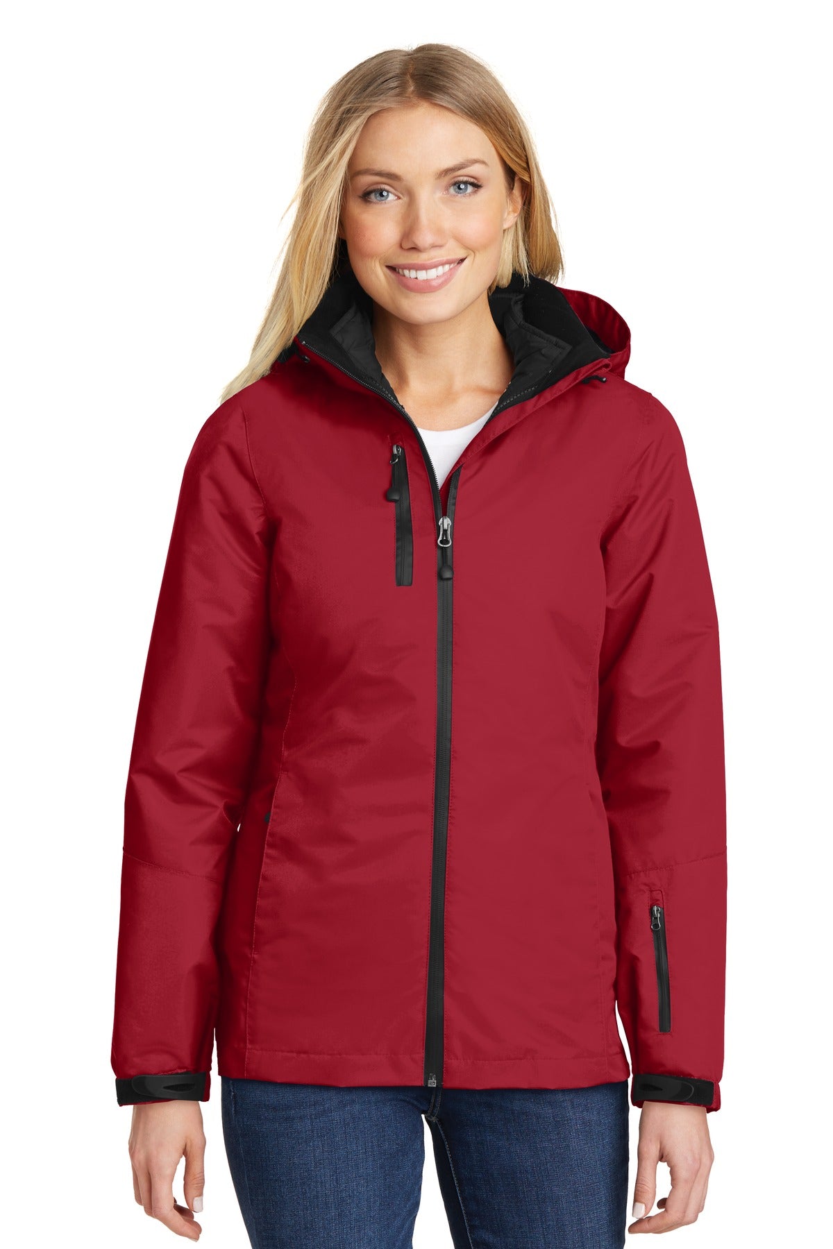 Front View of Rich Red/Black Port Authority Women's Vortex Waterproof 3-in-1 Jacket. L332