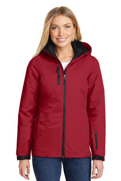 Front View of Rich Red/Black Port Authority Women's Vortex Waterproof 3-in-1 Jacket. L332