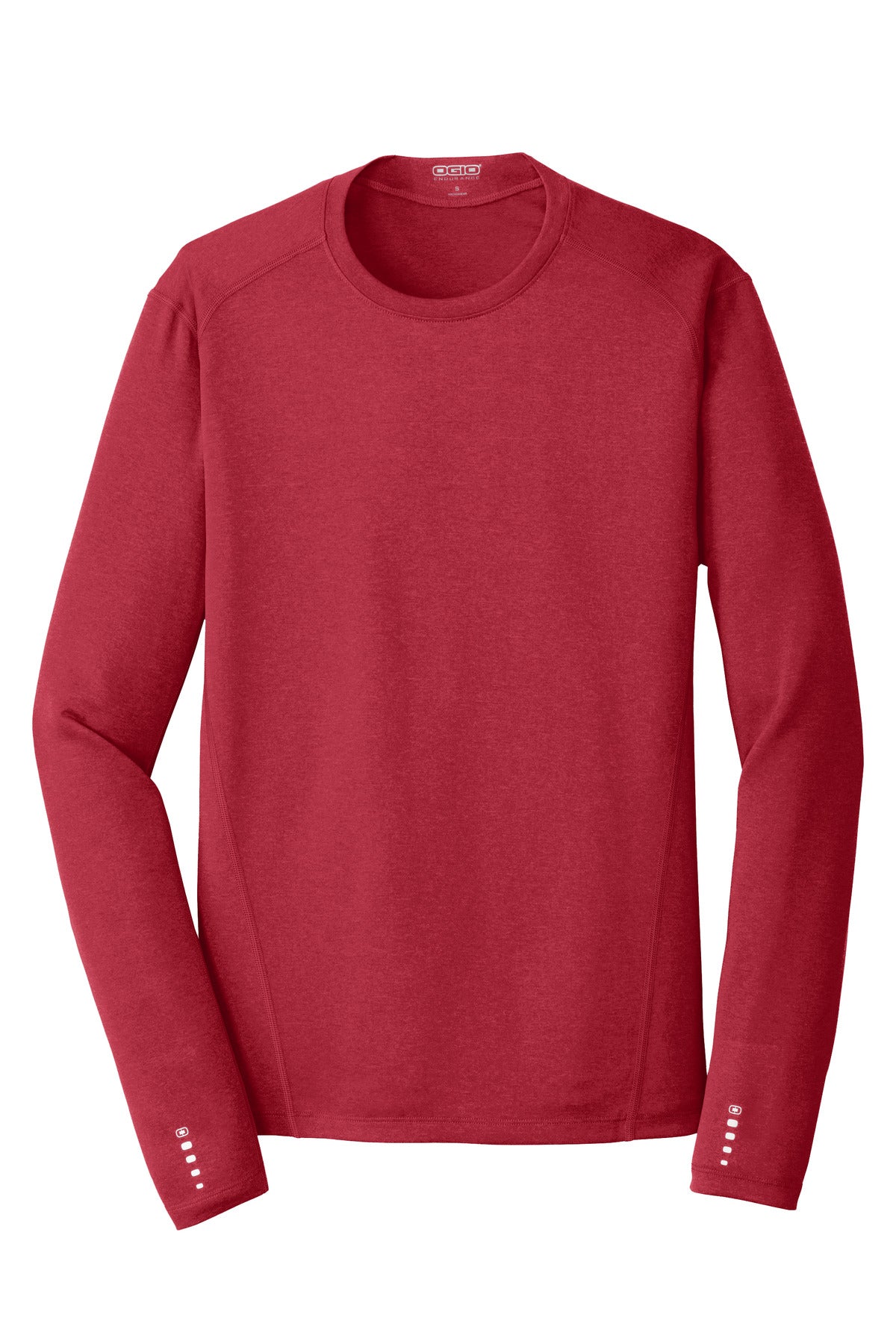 Front View of Ripped Red OGIO Long Sleeve Pulse Crew. OE321