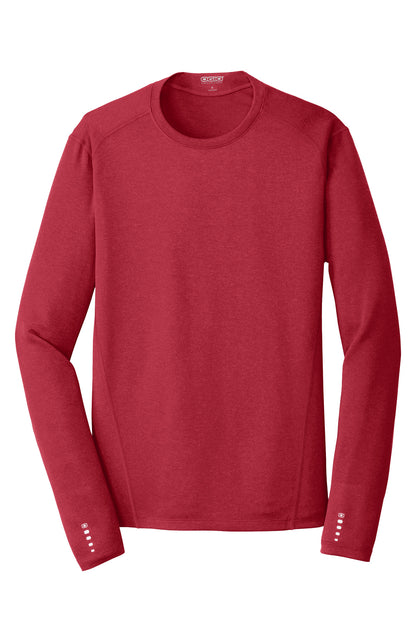 Front View of Ripped Red OGIO Long Sleeve Pulse Crew. OE321