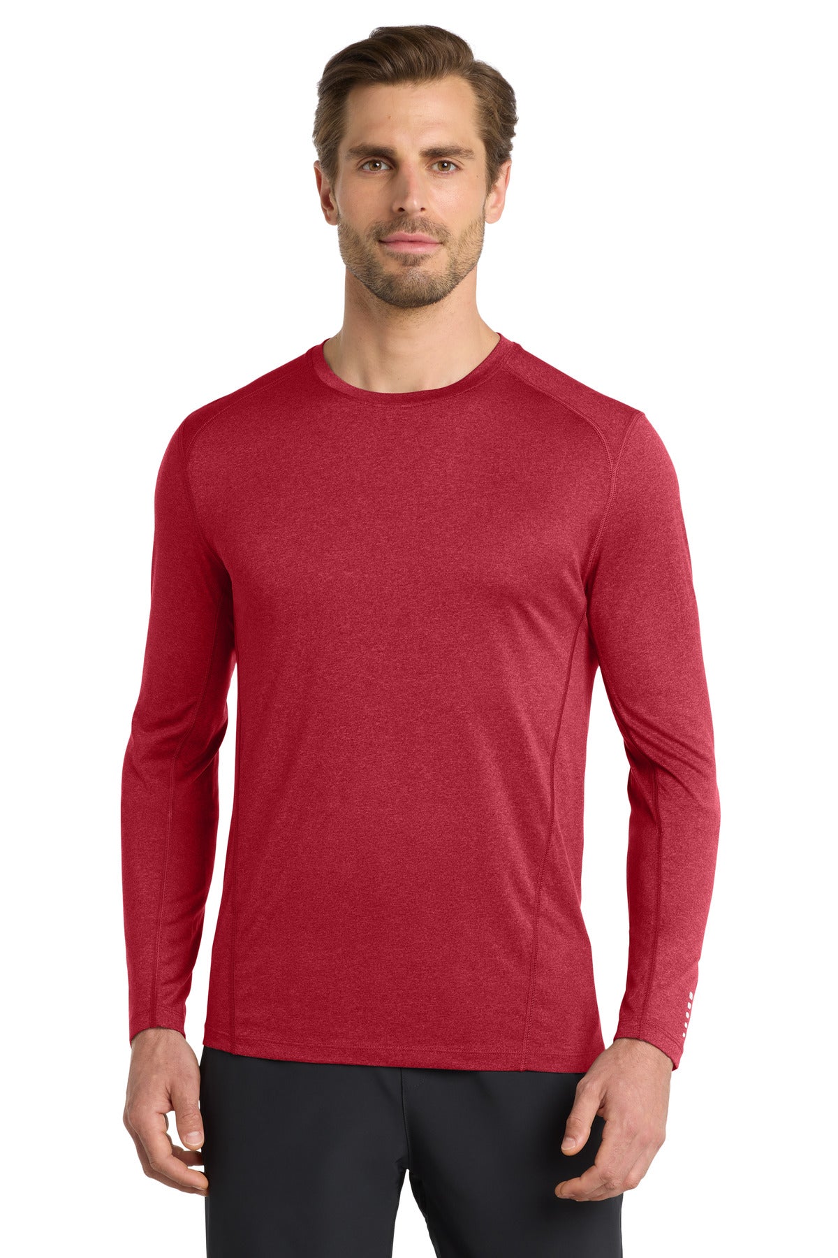 Front View of Ripped Red OGIO Long Sleeve Pulse Crew. OE321