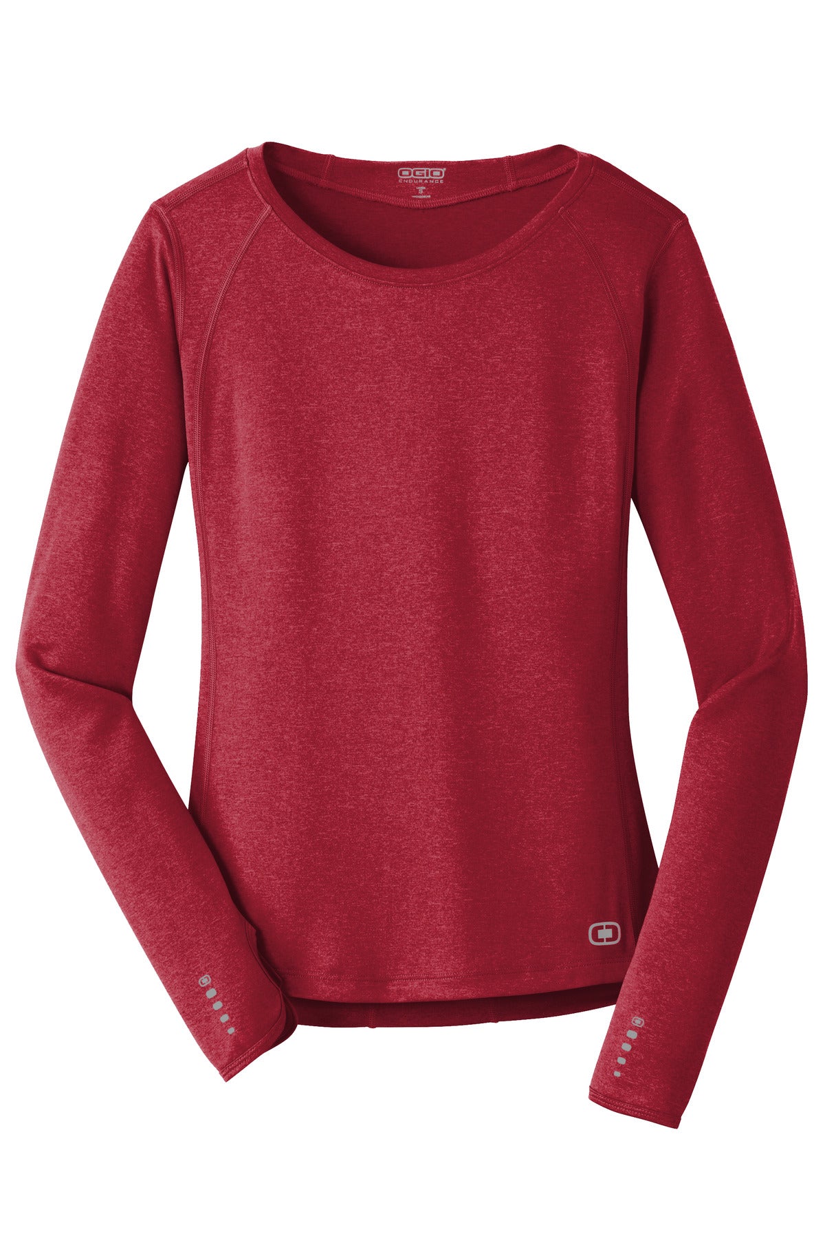 Front View of Ripped Red OGIO Women's Long Sleeve Pulse Crew. LOE321