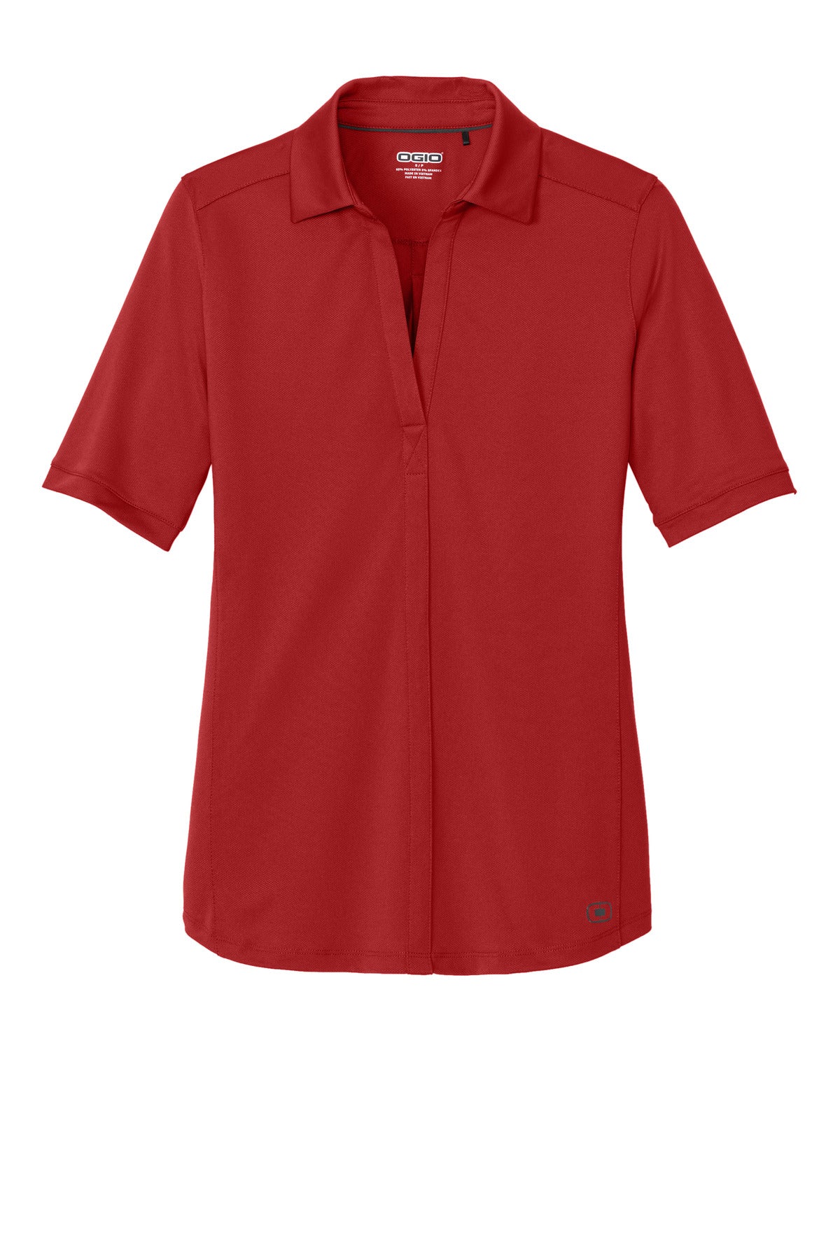 Front View of Ripped Red OGIO Women's Metro Polo. LOG130