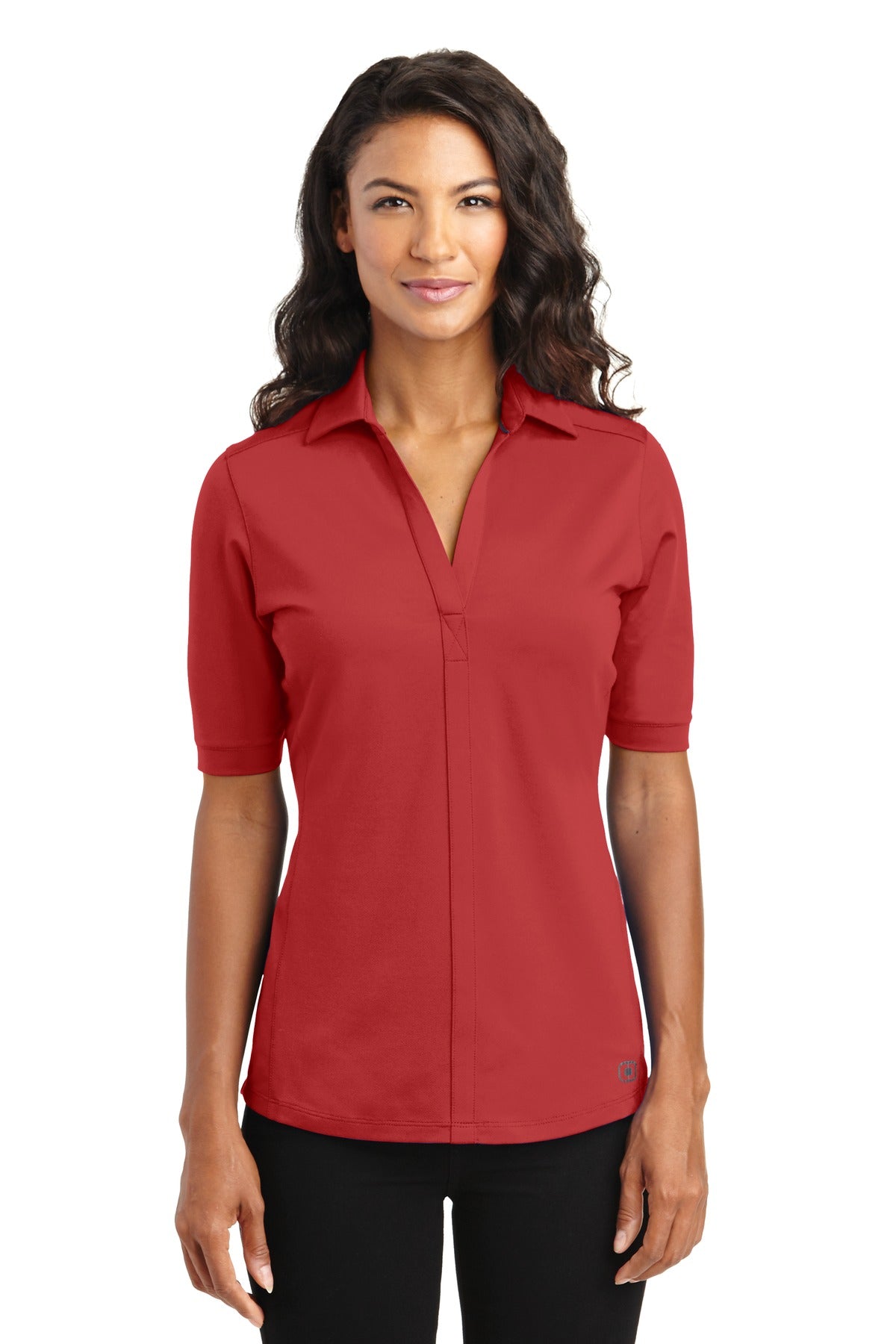 Front View of Ripped Red OGIO Women's Metro Polo. LOG130