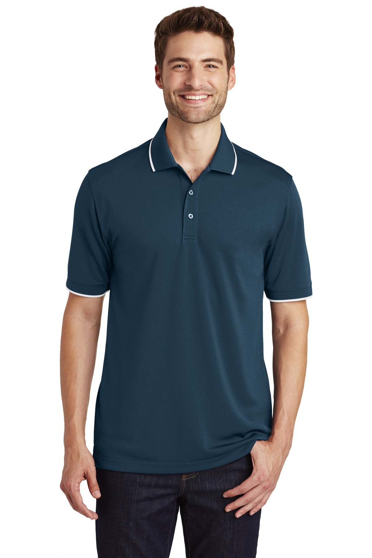 Front View of River Bl Ny/Wh Port Authority Dry Zone UV Micro-Mesh Tipped Polo. K111