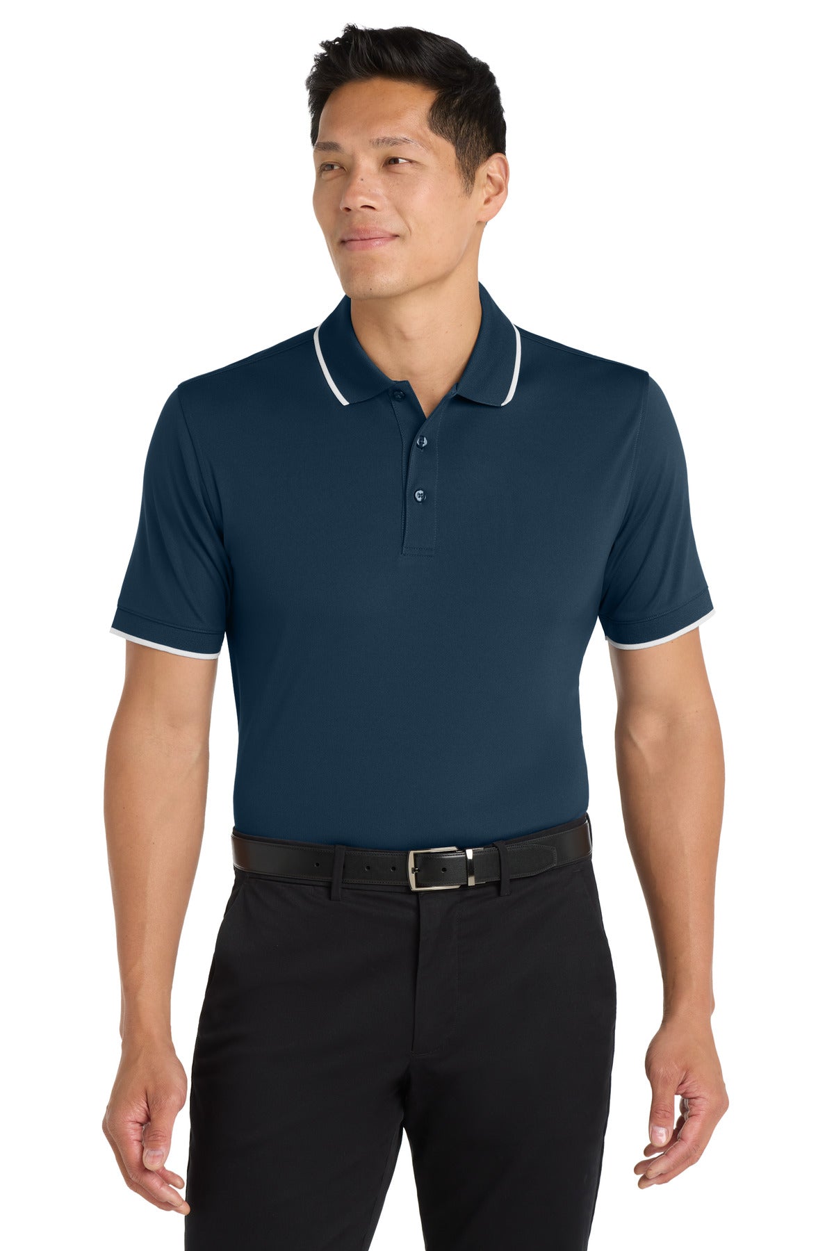 Front View of River Bl Ny/Wh Port Authority Dry Zone UV Micro-Mesh Tipped Polo. K111