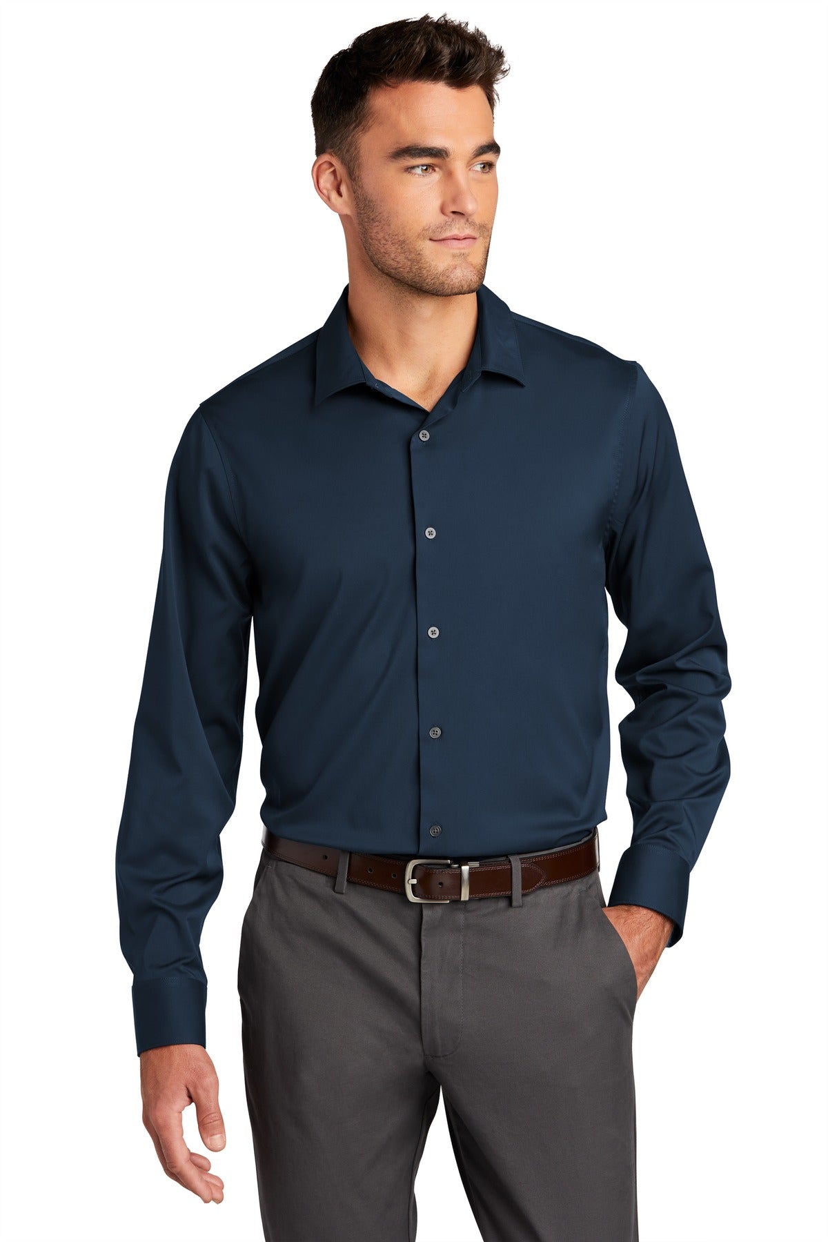 Front View of River Blue Nvy Port Authority City Stretch Shirt W680