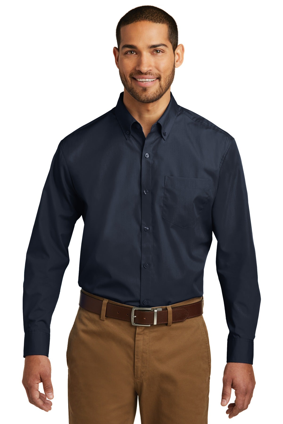 Front View of River Blue Nvy Port Authority Long Sleeve Carefree Poplin Shirt. W100