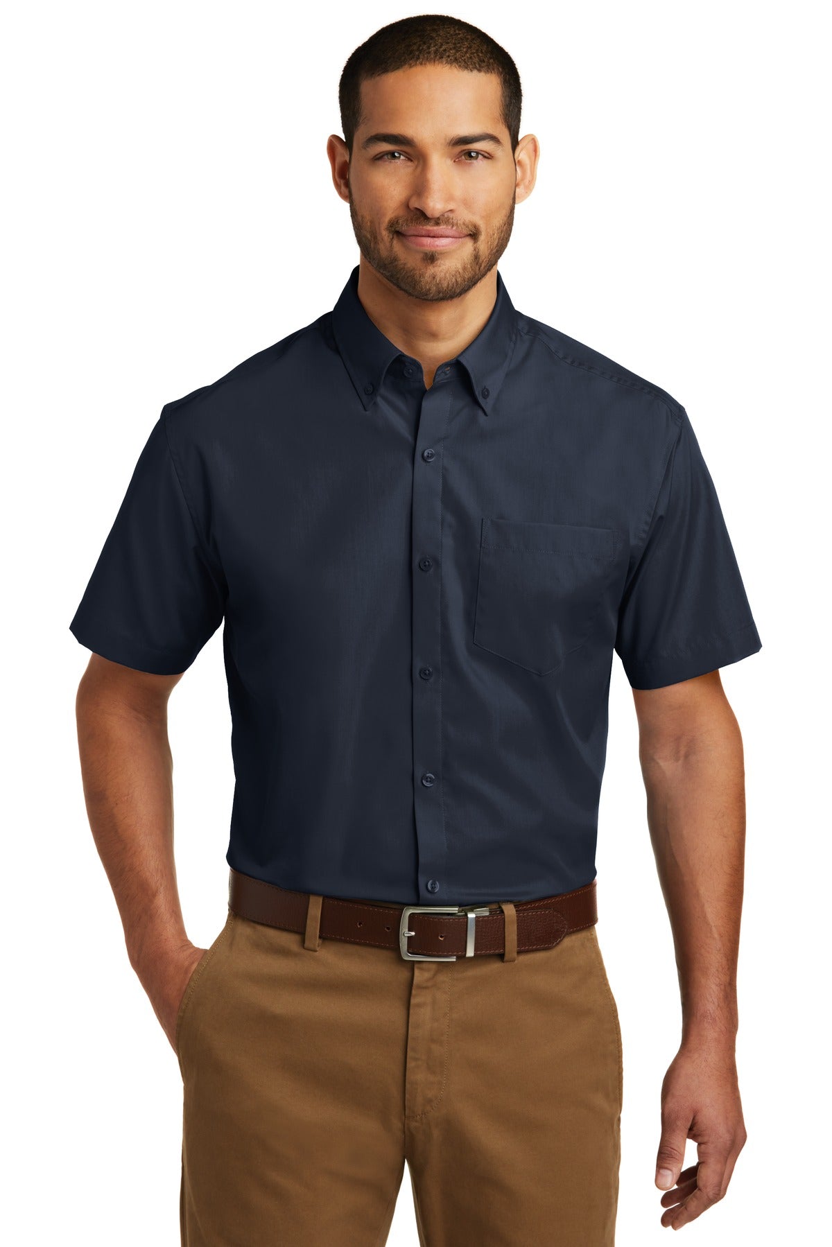 Front View of River Blue Nvy Port Authority Short Sleeve Carefree Poplin Shirt. W101