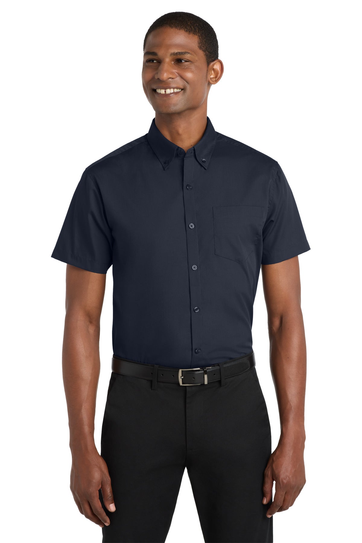 Front View of River Blue Nvy Port Authority Short Sleeve Carefree Poplin Shirt. W101