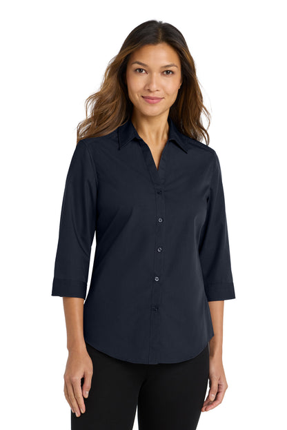 Front View of River Blue Nvy Port Authority Women's 3/4-Sleeve Carefree Poplin Shirt. LW102